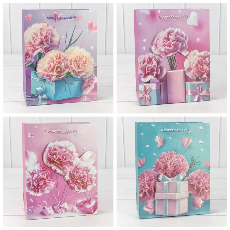 Пакет подарочный с 3D аппликацией "Гвоздики" (микс 260) 18*23*10 210г 1/20 1/360 Арт: 000260E