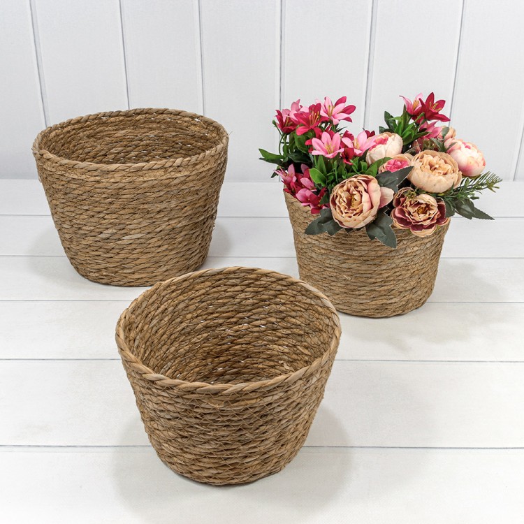 Корзины плетёные Круглые Набор 1/3 25*19 (±5%) из камыша Натуральный 1/12 Арт: 420216/3