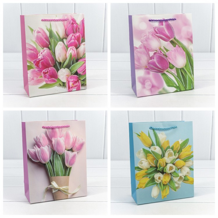 Пакет подарочный с блёстками "Тюльпаны" (микс 311) 18*23*10 210г 1/20 1/360 Арт: 000311E