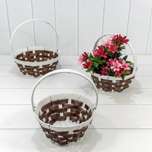 Корзины плетёные Круглые Набор 1/3 25*10/27 (±5%) из пластика с ручкой Белый/Коричневый 1/20 Арт: 420178/2192