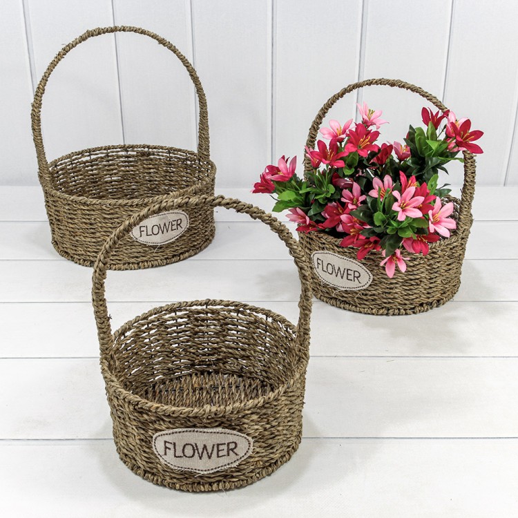 Корзины плетёные Круглые Набор 1/3 27*30 (±5%) из водорослей с ручкой Натуральный 1/12 Арт: 420155/3