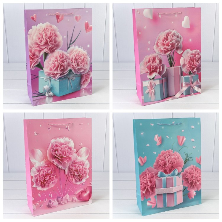 Пакет подарочный с 3D аппликацией "Гвоздики" (микс 260) 30*41,5*12 210г 1/20 1/80 Арт: 000260A